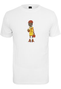 Wit katoenen t-shirt met een cartoonfiguur in een geel-ruitten rood uniform, die frietjes en een afhaalbox vasthoudt, met gedetailleerde gelaatskenmerken.