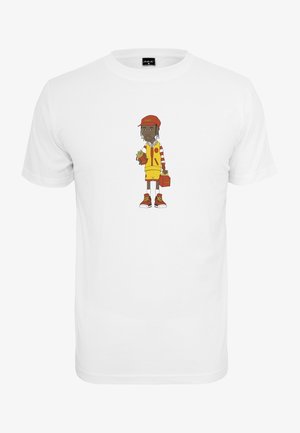 T-shirt en coton blanc présentant un personnage de dessin animé en uniforme jaune et rouge, tenant des frites et une boîte à emporter, avec des traits du visage détaillés.