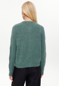 Grüner Pullover aus einem Wollmix mit entspannter Passform, rundem Ausschnitt und langen Ärmeln. Er hat eine leicht verkürzte Länge und eine weiche, strukturierte Oberfläche.
