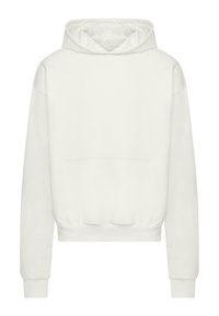 White hoodie with a drawstring hood, kangaroo pocket, and ribbed cuffs at the sleeves and hem, featuring a soft fabric texture.