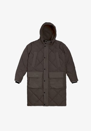 Kurtka parka w kolorze brązowym, pikowana, z kapturem, dwiema dużymi kieszeniami z przodu, zatrzaskami oraz gładką teksturą. Posiada kontrastowe wykończenia przy mankietach.