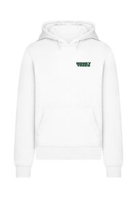 Felpa bianca con tasca frontale, caratterizzata da un logo verde "MONEY TREES" nell'area sul lato sinistro del petto. Include un cappuccio con cordino e polsini a coste.