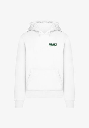 Hanorac alb cu buzunar frontal, având un logo verde "MONEY TREES" în zona stânga a pieptului. Include glugă cu șnur și manșete cu nervuri.