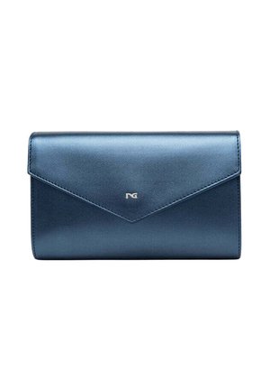 Portafoglio in pelle blu navy con texture liscia, forma rettangolare, chiusura a lembi triangolari e un piccolo logo argentato sulla parte anteriore.