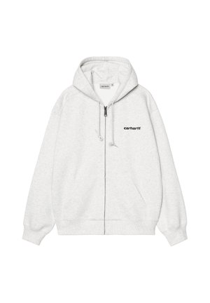 Lichtgrijze hoodie met ritssluiting, voorzakken, koordsluiting aan de capuchon en klein zwart "carhartt" logo op de linkerborst.