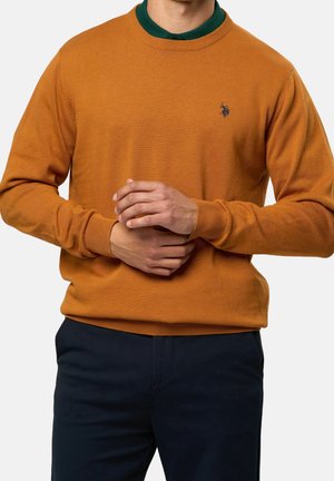 Mann trägt einen rostorangefarbenen Pullover mit kleinem dunklem Logo auf der Brust, darunter ein dunkelgrünes Hemd mit Kragen und dunkle Hose, Hände vor dem Körper verschränkt.