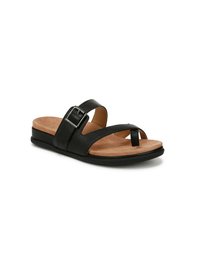 Sandal in pelle nera con due cinturini regolabili, una fascetta tra le dita e un sottopiede imbottito color marrone chiaro. Suola piatta con battistrada testurizzato per una maggiore aderenza.