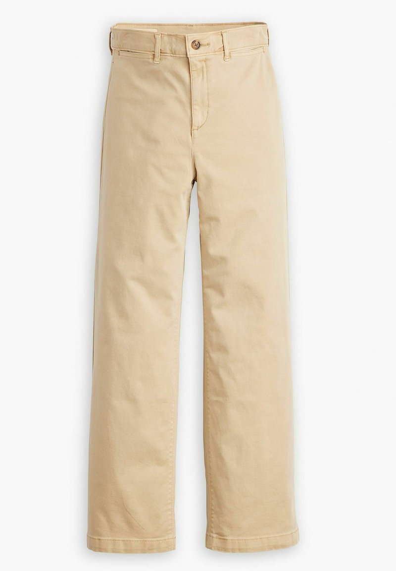 Pantalones beige de pierna recta, hechos de una mezcla de algodón, con cierre de botón y bolsillos estándar en la parte delantera y trasera.