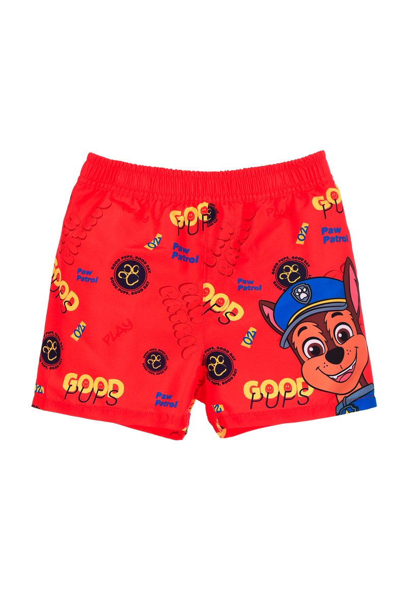 Rode zwembroek met een elastische tailleband, met daarop een cartoonhond in politie-uniform en de tekst "Goede Honden" en "Paw Patrol".