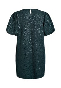 Abito corto verde scuro con maniche a sbuffo corte, ricoperto di paillettes. Presenta un'apertura a forma di chiave sul retro. Tessuto morbido e testurizzato.