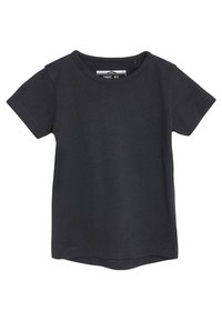 Sort kortærmet T-shirt lavet af bomuld. Har en rund halsudskæring og en lige kant uden synlige mønstre eller dekorationer.