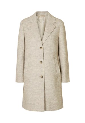 Lange beige wollen jas met reverskraag, drie knopen aan de voorkant en zijzakken, getoond op een witte achtergrond.