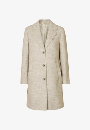 Garšs bēšs vilnas mētelis ar apmetņa apkakli, trīs pogu priekšpusi un sānu kabatām, parādīts uz baltas fona.