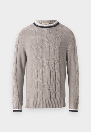 Maglione grigio chiaro a maglia con collo rotondo. Presenta polsini e orlo a coste con dettagli blu navy e bianchi. Texture morbida e design caldo.