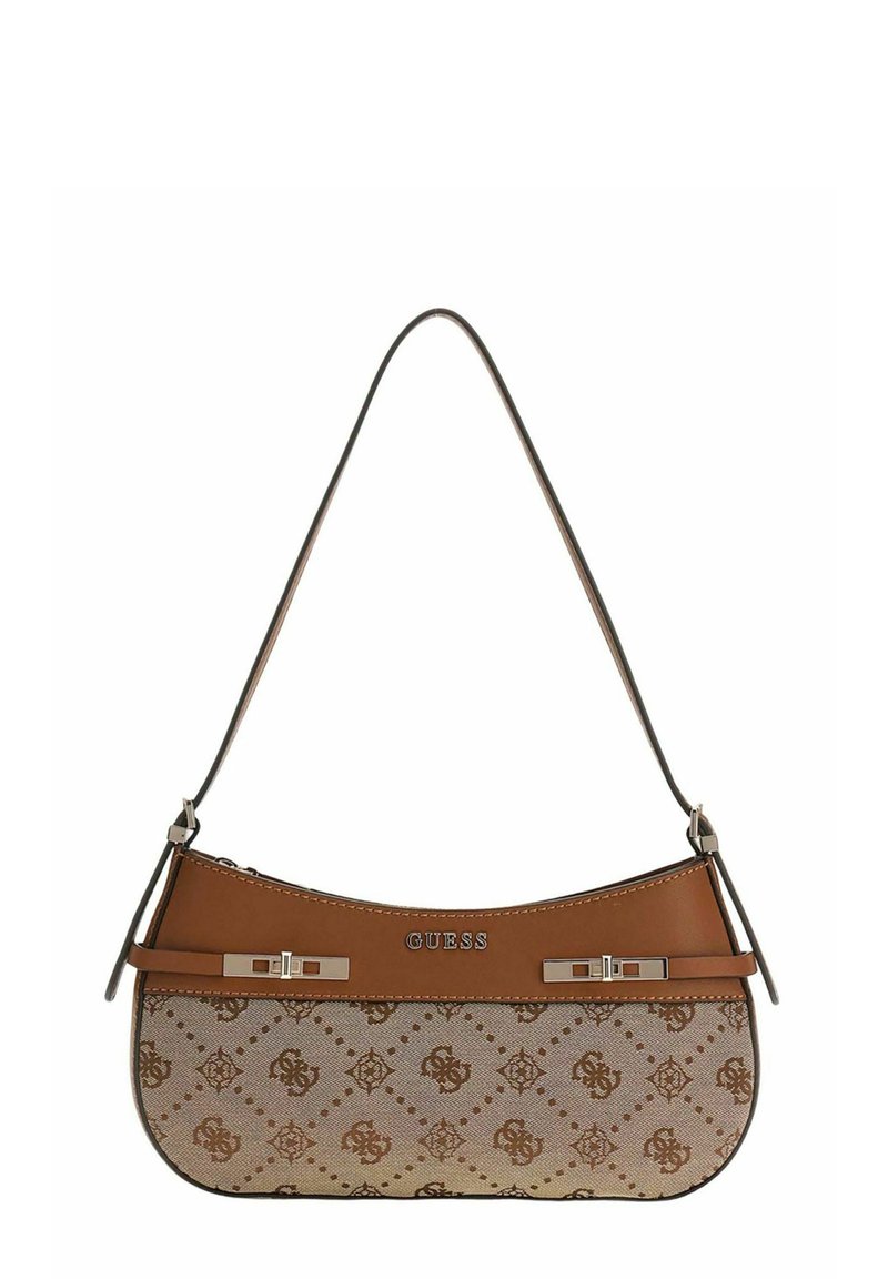 Sac à main en cuir marron de forme incurvée, présentant un motif décoratif beige, un logo détaillé et des accessoires en métal argenté.