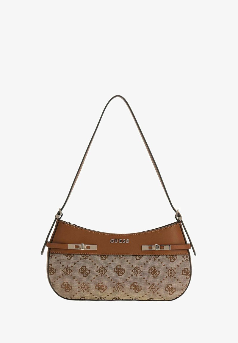 Sac à main en cuir marron de forme incurvée, présentant un motif décoratif beige, un logo détaillé et des accessoires en métal argenté.