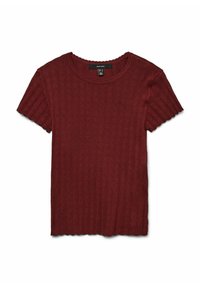 T-shirt en tricot bourgogne à manches courtes avec une texture côtelée et un col en dents de scie. Présente un ourlet droit et une coupe décontractée.