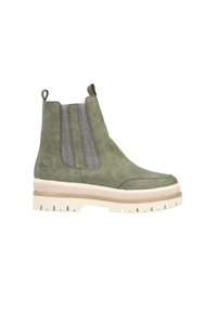 Bottines en suède vert avec des panneaux latéraux élastiques, une finition texturée grise et une semelle épaisse crème et beige. Équipées d'une languette pour un enfilage facile.