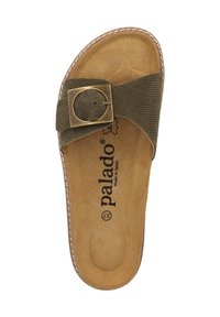 Dunkelgrüner Stoff-Schlippers mit breitem Riemen, ausgestattet mit einer goldtönigen, runden Schnalle und einem beigefarbenen, gepolsterten Fußbett. "Palado"-Logo sichtbar.