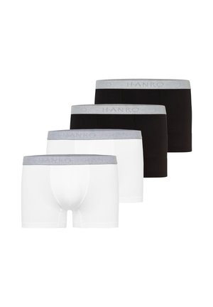 Vier Hanro boxershorts in zwart en wit met grijze elastische taillebanden bedrukt met "HANRO."