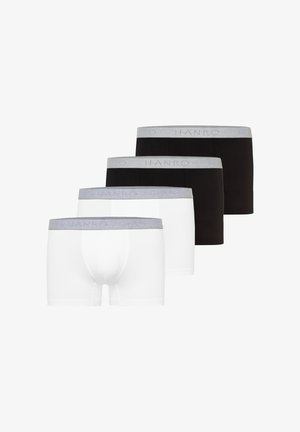 Vier Hanro Boxer-Shorts in Schwarz und Weiß mit grauen elastischen Bundabschlüssen, gebrandet mit "HANRO".