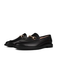 Black leather loafers featuring a rounded toe, gold hardware accent, and a flat rubber sole with subtle stitching detail.
