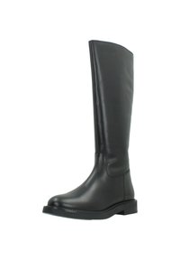 Zwarte leren kniehoge laars met een gladde afwerking, ronde neus, platte zool en minimale stikseldetails. Ontworpen voor een aansluitende look.