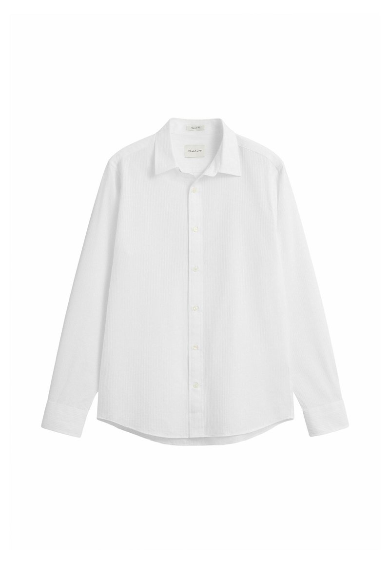 White long-sleeve button-up shirt with collar and cuffs, slightly textured fabric, displayed flat against a white background.