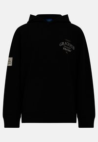 Μαύρο hoodie από μαλακό ύφασμα, με μπροστινή τσέπη, κουκούλα με κορδόνια και εκτυπώσεις που διαβάζουν "GRACIOUS" και "Rebel Rebel" στο στήθος.