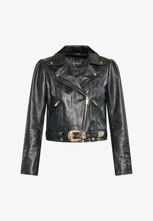 Schwarze Lederjacke in cropped Länge mit goldenen Beschlägen, taillierter Taille, schrägen Taschen und einem Reverskragen mit einem Reißverschluss.