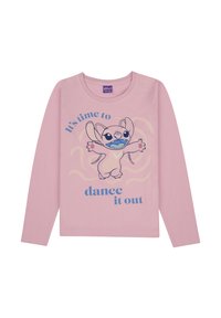 T-shirt a maniche lunghe rosa con un personaggio dei cartoni animati con le braccia aperte, testo "È ora di ballare" in blu. Tessuto di cotone morbido.