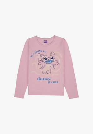 Rosa Langarm-T-Shirt mit einem Cartoon-Charakter mit ausgebreiteten Armen und dem Text "Es ist Zeit zu tanzen" in Blau. Aus weichem Baumwollstoff.