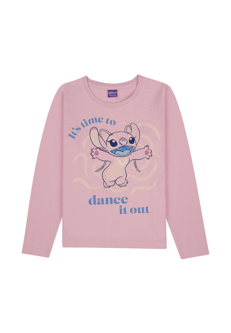 T-shirt a maniche lunghe rosa con un personaggio dei cartoni animati con le braccia aperte, testo "È ora di ballare" in blu. Tessuto di cotone morbido.