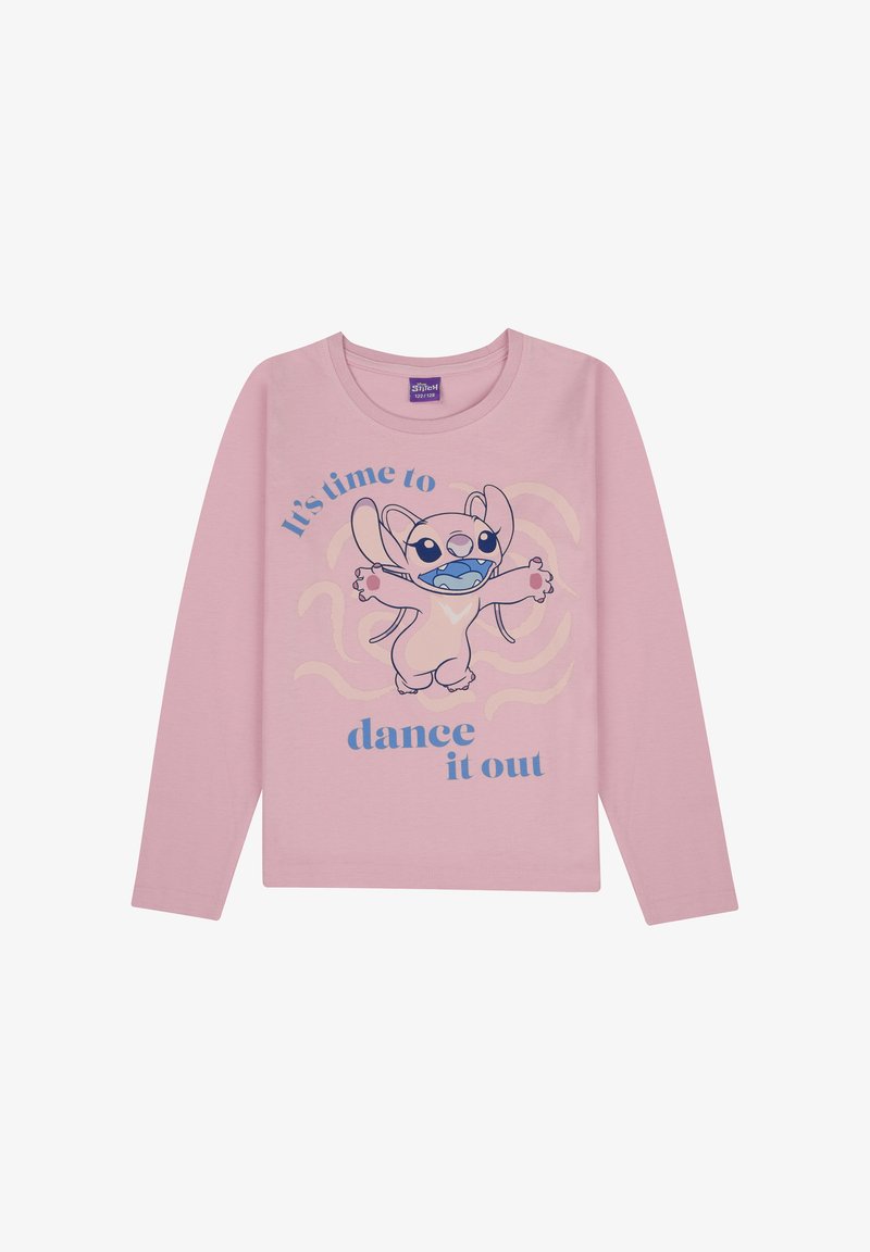 Camiseta de manga larga rosa con un personaje de dibujos animados con los brazos extendidos, texto "Es hora de bailar" en azul. Tela de algodón suave.