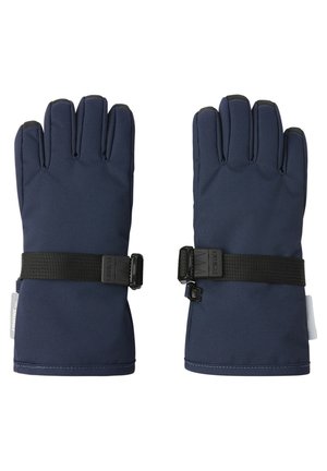Marineblaue Winterhandschuhe aus strapazierfähigem Material, mit einem Riemen und einer Schnalle für einen sicheren Sitz sowie verstärkten Fingerspitzen für zusätzlichen Halt.