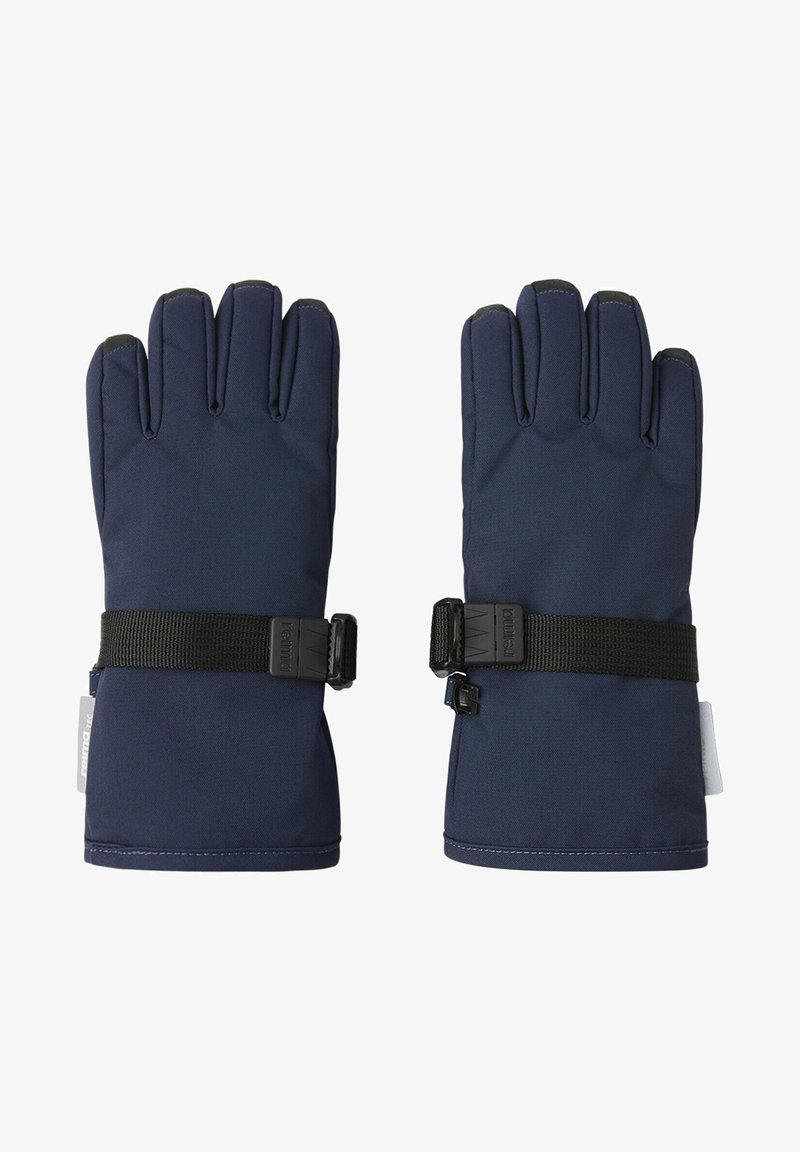 Marineblå vinterhandsker lavet af holdbart materiale, med en rem med spænde for sikker pasform og forstærkede fingerspidser for bedre greb.