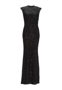 Mekko, joka on musta, ilman hihoja ja lattianmittainen, peitetty hohtavilla paljeteilla, joissa on tiukka siluetti ja korkea kaulus.