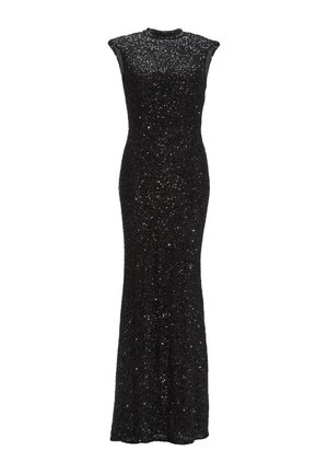 Abito da sera lungo, senza maniche, di colore nero, ricoperto di luccicanti paillettes, con una silhouette aderente e un collo alto.