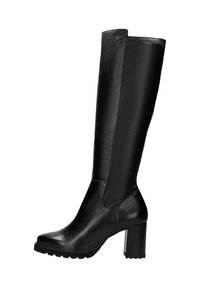 Czarne kozaki do kolan wykonane z gładkiej skóry, z blokowym obcasem, zaokrąglonym noskiem i subtelnymi przeszyciami wzdłuż boku.