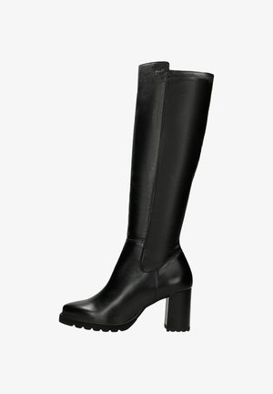 Black knee-high boots made of smooth leather, featuring a block heel, rounded toe, and subtle stitching details along the side.