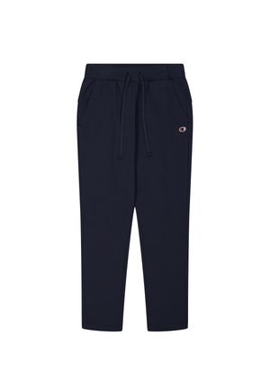 Pantalones de chándal en color navy, hechos de una tela suave, con cintura elástica y cordón, bolsillos laterales y un pequeño logo en la pierna.