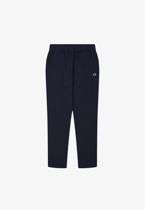 Marineblauwe sweatpants van zachte stof, met een elastische tailleband met koord, zijzakken en een klein logo op het been.