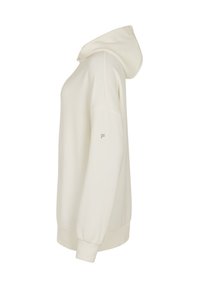 Crème kleurige hoodie met een ontspannen pasvorm, voorzien van een trekkoordcapuchon, geribde manchetten en een subtiel logo op de mouw. Zachte textuur.