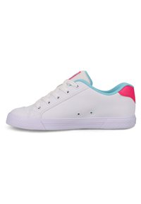 White canvas sneakers with light blue accents and a pink heel tab. The shoes feature a rounded toe, flat sole, and classic lace-up design.