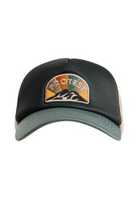 Black and green cap with a curved visor, featuring an embroidered mountain logo in orange, green, and beige on a soft material.