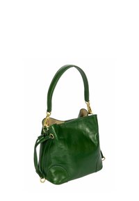 Sac à main en cuir vert au design structuré, avec une petite poignée, des accents en métal doré et un intérieur en daim doux.