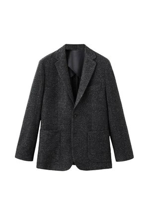 Dark gray blazer made of textured fabric, featuring a notched lapel, single button closure, and two front patch pockets.