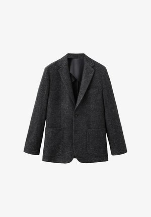 Dark gray blazer made of textured fabric, featuring a notched lapel, single button closure, and two front patch pockets.