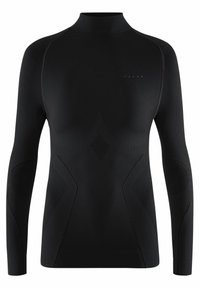 T-shirt de sport noir à manches longues avec col haut, comportant des panneaux texturés, un tissu lisse et un design ajusté. Logo affiché sur le devant.