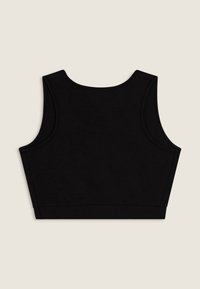 Top corto negro sin mangas con un escote redondeado y amplios agujeros para los brazos. Tejido suave sin patrones ni detalles adicionales.